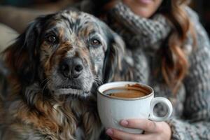 ai gerado mulher segurando café com uma cachorro perto uma branco copo do café foto