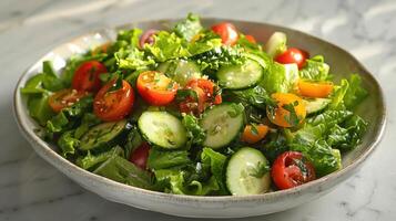 ai gerado salada com alface romana alface, cereja tomates, pepinos, e uma limão vestir foto