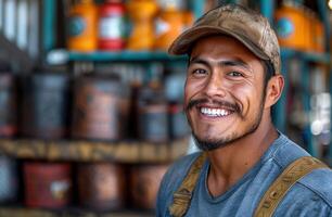 ai gerado sorridente masculino mecânico dentro trabalhos vestuário foto