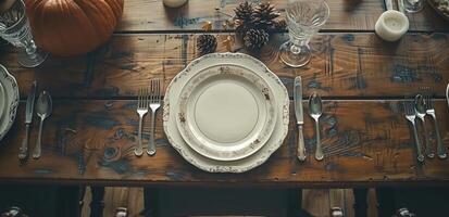 ai gerado Ação de graças mesa com pratos, garfos, e utensílios foto