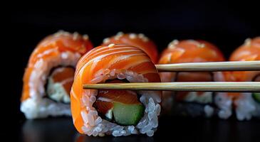 ai gerado foto do Sushi rolos com pauzinhos segurando salmão