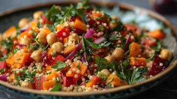 ai gerado uma colorida salada apresentando cuscuz, assado vegetais, grão de bico, e uma tahine vestir foto