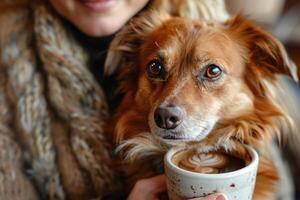 ai gerado mulher segurando café com uma cachorro perto uma branco copo do café foto