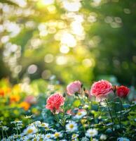 ai gerado uma pitoresco chalé jardim com rosas e margaridas foto