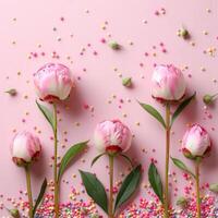 ai gerado internacional mulheres dia. uma Careca imagem apresentando Rosa peônia botões de rosa e granulados em uma pastel Rosa fundo foto