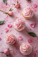 ai gerado internacional mulheres dia. uma Careca imagem apresentando Rosa peônia botões de rosa e granulados em uma pastel Rosa fundo foto