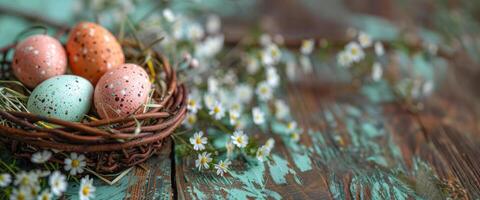 ai gerado colorida Páscoa ovos dentro uma cesta com branco flores em uma de madeira mesa foto