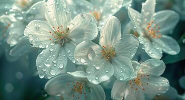 ai gerado muitos branco flores com água gotas, brilhante dentro a luz foto