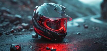 ai gerado vermelho capacete do rcx motociclista para motocicleta em uma sombrio superfície dentro a Sombrio foto
