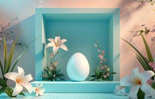 ai gerado a ovo com flores decora uma quadrado azul quadro, Armação foto