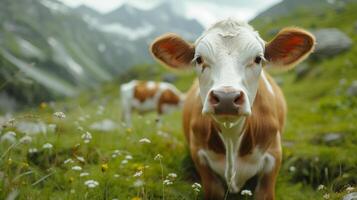 ai gerado vacas pastar em a alpino verde Prado foto