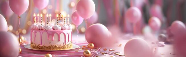 ai gerado uma aniversário bolo dentro Rosa adornado com dourado velas e balões foto