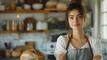 ai gerado uma mulher carrinhos dentro a cozinha. foto