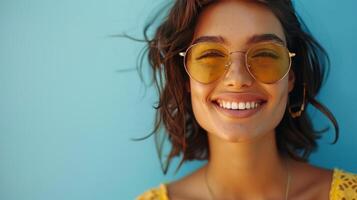 ai gerado uma fechar-se foto capturando uma elegante jovem mulher dentro oculos de sol sorridente contra uma azul pano de fundo