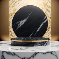 ai gerado Preto mármore pedestal em abstrato fundo, volta ouro quadro, memorial quadro, cilindro passos, abstrato mínimo conceito, luxo minimalista brincar. foto