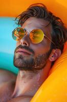 ai gerado uma homem vestindo oculos de sol com uma amarelo piscina flutuador foto