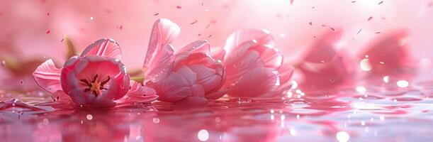 ai gerado flores do Rosa tulipas com pétalas espalhar em uma Rosa fundo foto