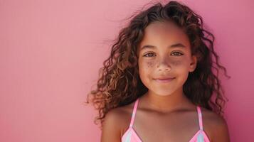 ai gerado uma menina vestindo uma Rosa roupa de banho contra uma Rosa fundo foto