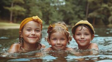 ai gerado três adorável jovem meninas apreciar natação dentro a lago foto