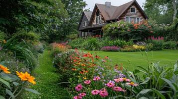 ai gerado uma belas mantido casa e jardim exibindo vibrante anual e perene jardins dentro cheio flor foto