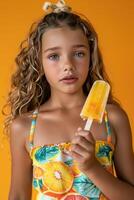 ai gerado uma encantador jovem menina dentro uma verão roupa de banho detém uma delicioso fruta gelo pop contra a laranja fundo foto