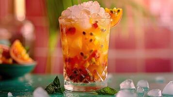 ai gerado uma paixão fruta Caipirinha, com confuso paixão fruta, açúcar, e cachaça, servido sobre gelo foto