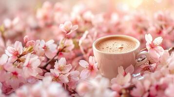 ai gerado uma café copo cercado de florescendo cereja flores, capturando a essência do Primavera foto