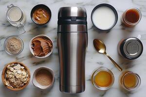 ai gerado uma proteína mexe preenchidas com uma batido profissional publicidade Comida fotografia foto