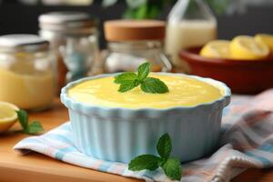 ai gerado uma torta de fruta em uma prato com em topo cozinha mesa profissional publicidade Comida fotografia foto