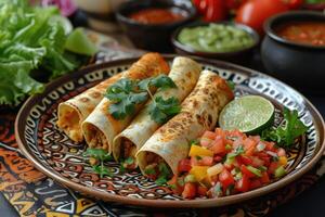 ai gerado enchiladas mexicano Comida dentro a cozinha mesa profissional publicidade Comida fotografia foto