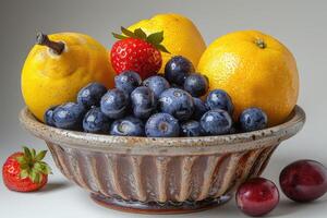 ai gerado café da manhã com uma fresco frutas tigela publicidade Comida fotografia foto