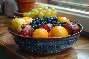 ai gerado café da manhã com uma fresco frutas tigela publicidade Comida fotografia foto