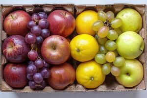 ai gerado fresco frutas e legumes dentro a caixa publicidade Comida fotografia foto