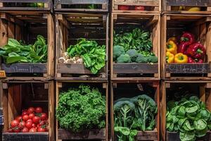 ai gerado fresco frutas e legumes dentro a caixa publicidade Comida fotografia foto