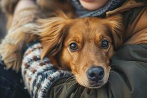 ai gerado uma mulher pacificamente segurando dela Amado cachorro dentro dela braços, exibindo uma fechar vinculo e profundo conexão entre humano e animal. foto