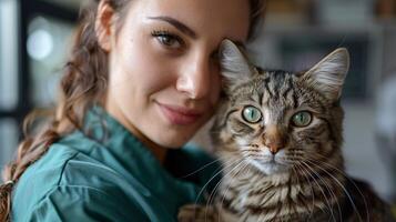 ai gerado retrato do feliz fêmea veterinário levando Cuidado do gato às recepção dentro veterinário clínica foto