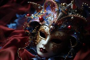 ai gerado veneziano carnaval mascarar e frisado decoração em uma vermelho fundo foto