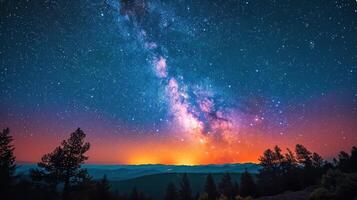 ai gerado noite céu preenchidas com estrelas e árvores foto