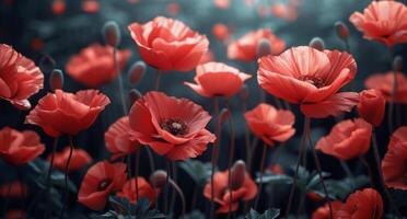 ai gerado grupo do vermelho flores crescendo dentro Relva foto