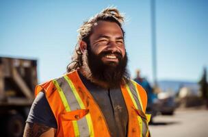 ai gerado construção trabalhador vestindo construção colete e barba foto