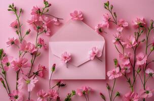 ai gerado envelope com Rosa flores em Rosa fundo foto