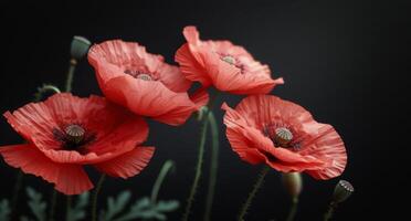 ai gerado florescendo vermelho flores no meio verde Relva foto