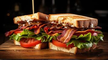 ai gerado uma clássico blt sanduíche, com crocantes bacon, fresco alface, e suculento tomates em torrado pão foto