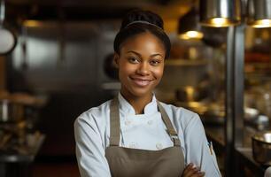 ai gerado uma sorridente Preto chefe de cozinha em pé dentro uma cozinha retrato foto