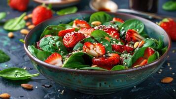 ai gerado uma morango espinafre salada, apresentando fresco espinafre folhas, suculento morangos, e crocante amêndoas foto