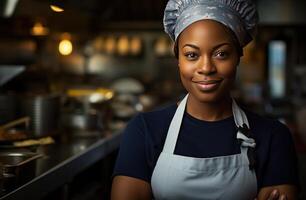 ai gerado uma sorridente Preto chefe de cozinha em pé dentro uma cozinha retrato foto