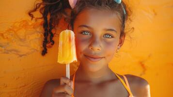 ai gerado uma encantador jovem menina dentro uma verão roupa de banho detém uma delicioso fruta gelo pop contra a laranja fundo foto