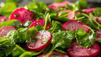 ai gerado uma rabanete e agrião salada, destacando picante rabanete fatias, apimentado agrião, e uma picante citrino vestir foto