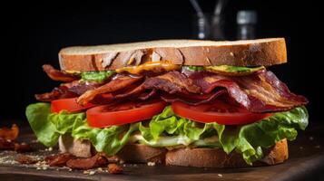 ai gerado uma clássico blt sanduíche, com crocantes bacon, fresco alface, e suculento tomates em torrado pão foto