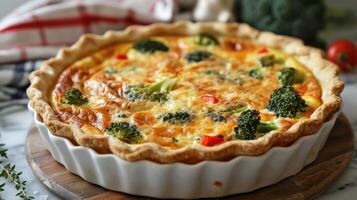 ai gerado uma Primavera vegetal quiche, com uma escamoso crosta e uma o preenchimento do brócolis, Sino pimentas, e queijo cheddar queijo foto